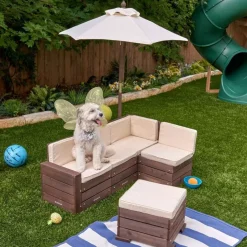 Outdoor Kids' Chairs^KidKraft Outdoor Sectional Ottoman & Umbrella Set- Bear Brown & Beige