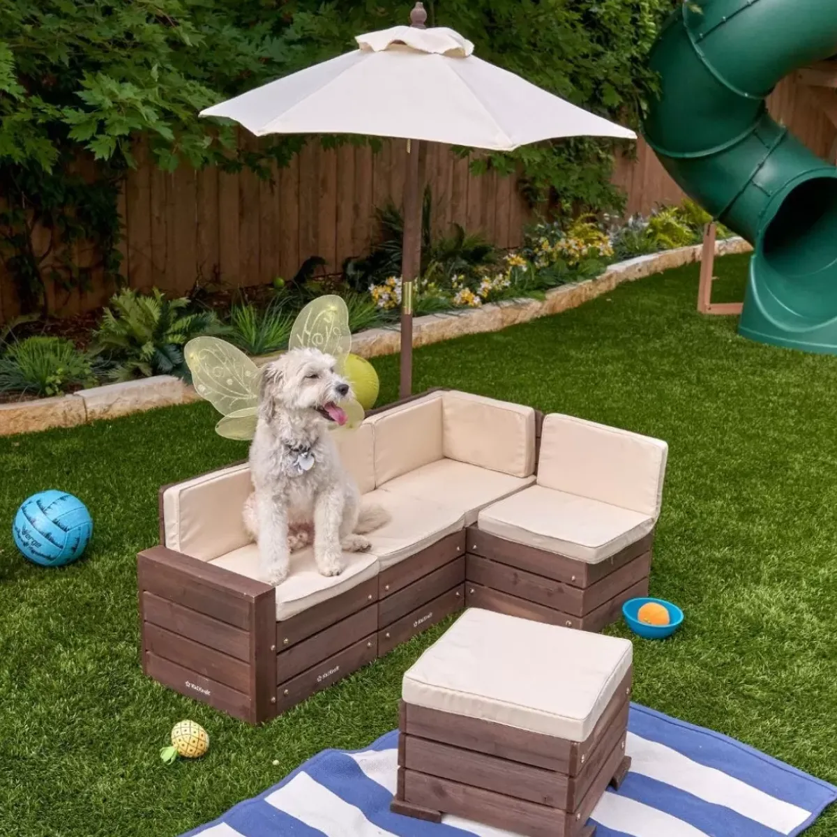 Outdoor Kids' Chairs^KidKraft Outdoor Sectional Ottoman & Umbrella Set- Bear Brown & Beige