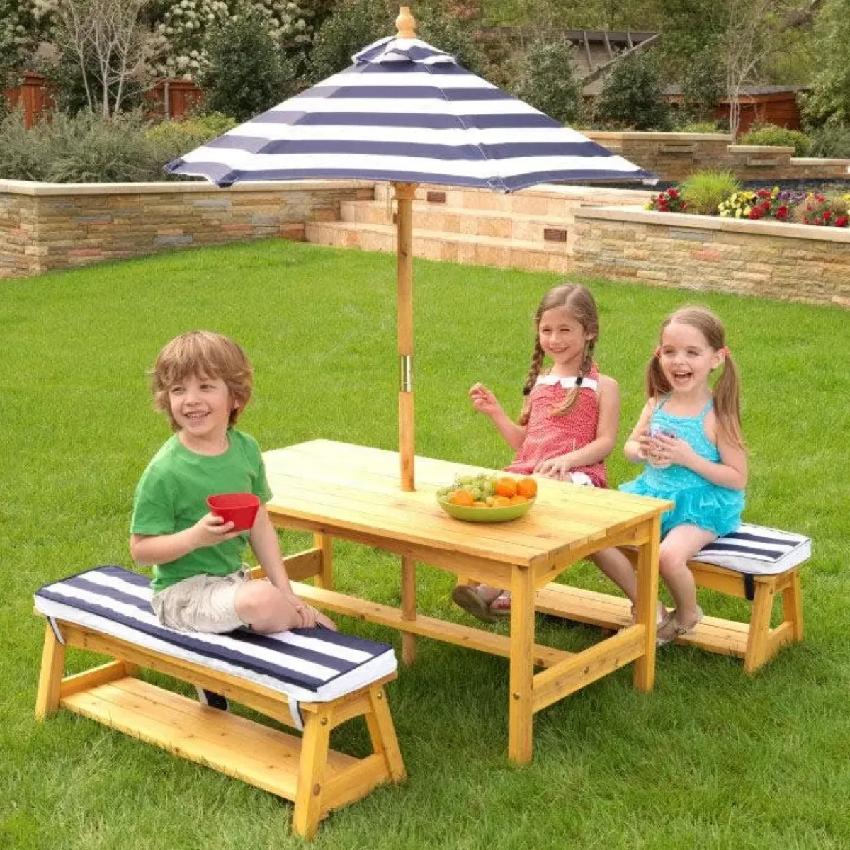 Kids' Picnic Tables^KidKraft Outdoor Table & Bench Set With Cushions & Umbrella - Navy & White Stripes
