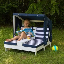 Outdoor Kids' Chairs^KidKraft White Double Chaise Lounge With Cup Holders – Navy & White Stripes
