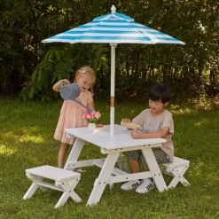Kids' Picnic Tables^KidKraft White Outdoor Table With Benches & Umbrella – Turquoise & White Stripes