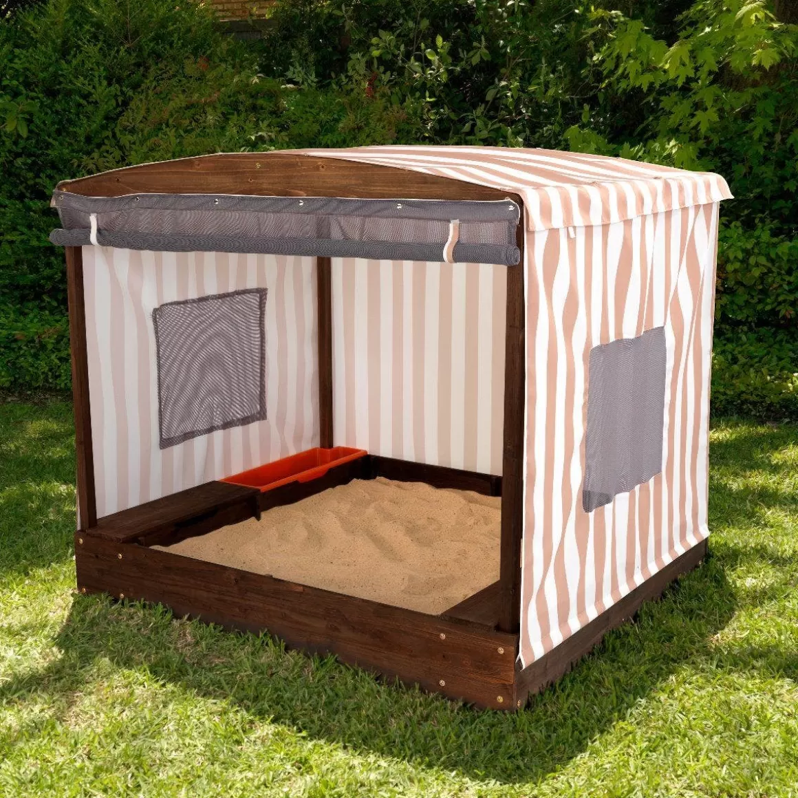 Clearance KidKraft Cabana Sandbox With Beige & White Stripes