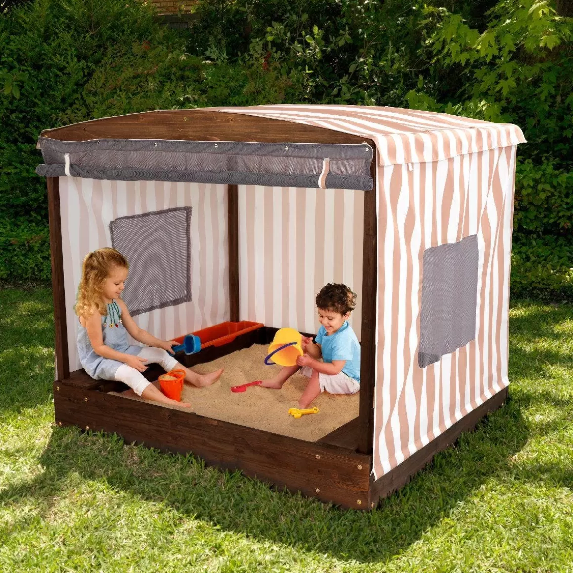 Clearance KidKraft Cabana Sandbox With Beige & White Stripes