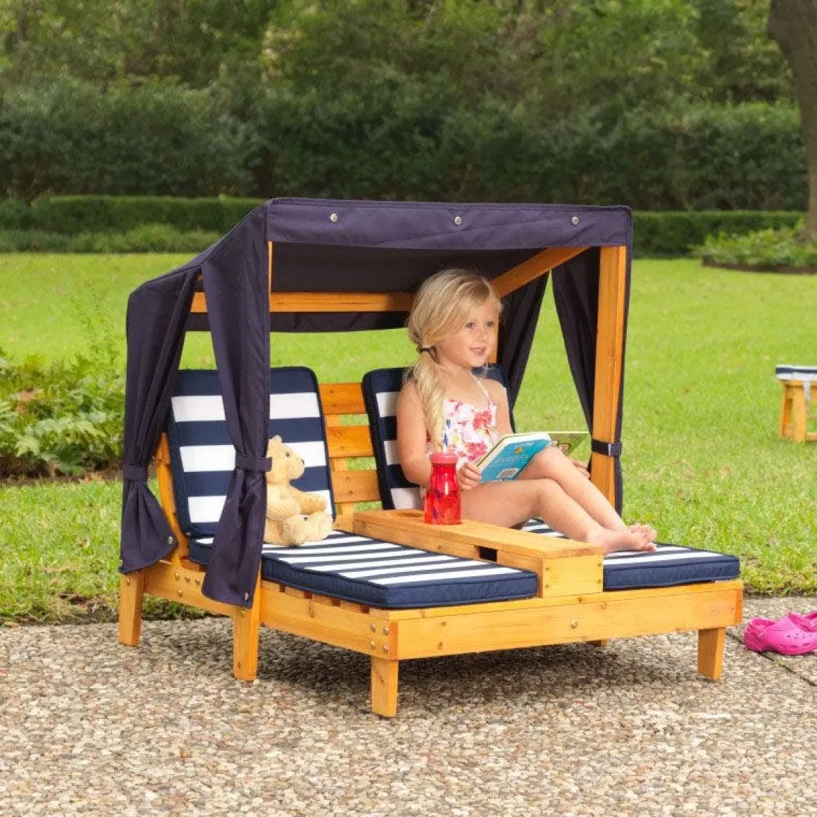 Online KidKraft Double Chaise Lounge With Cup Holders - Honey & Navy