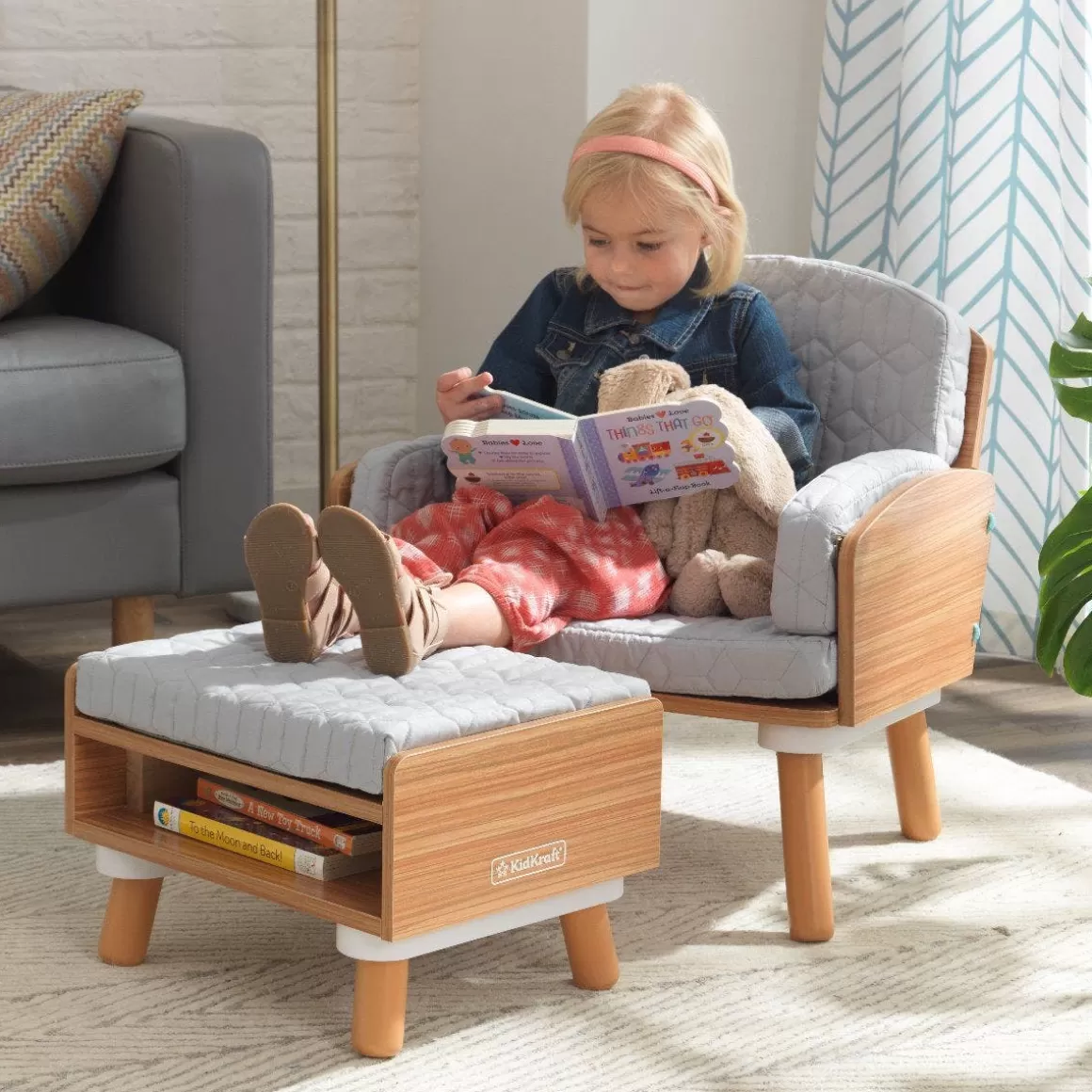 Best Sale KidKraft Mid-Century Kid Reading Chair & Ottoman