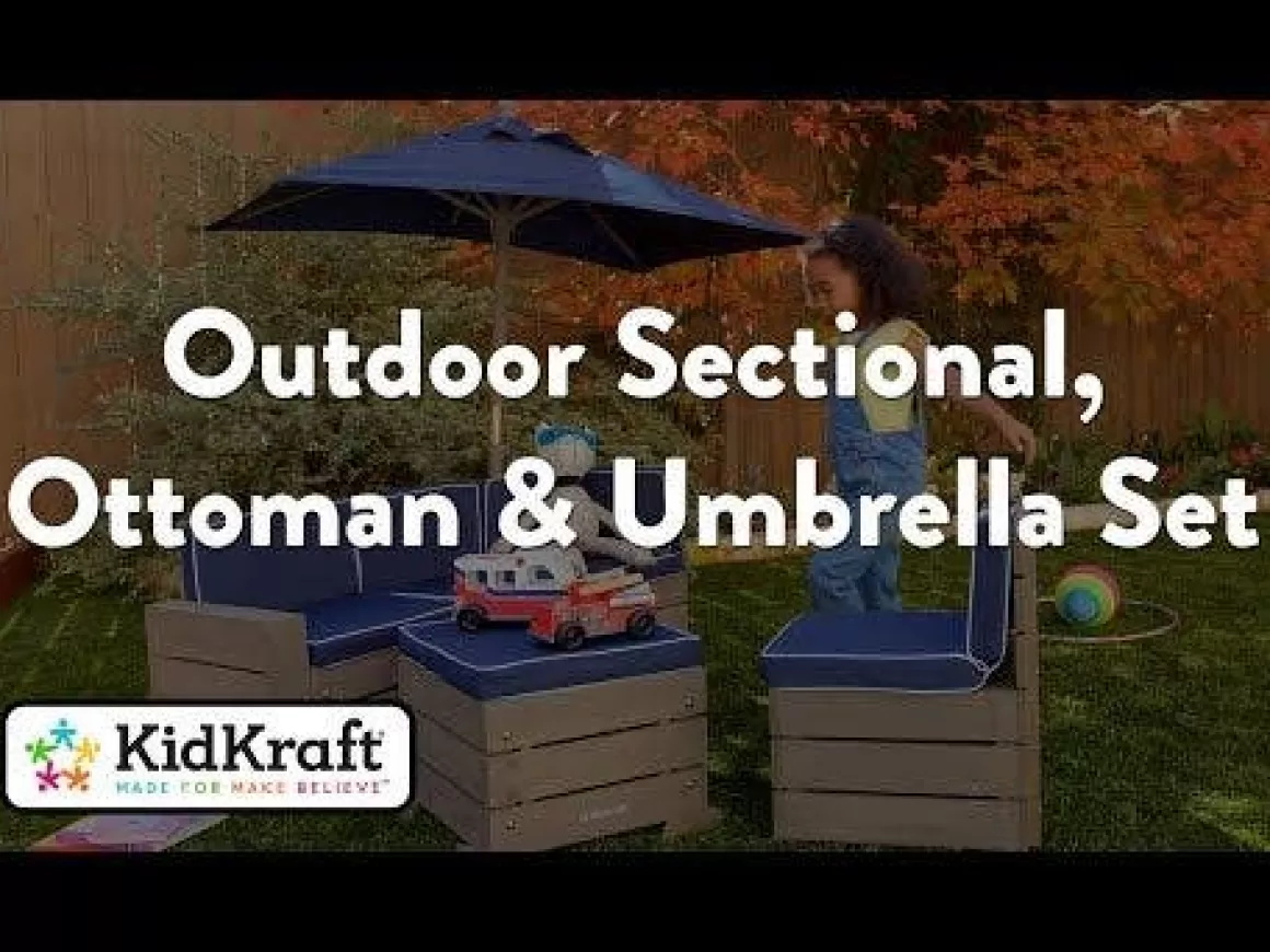 Online KidKraft Outdoor Sectional, Ottoman & Umbrella Set - Barnwood Gray & Navy