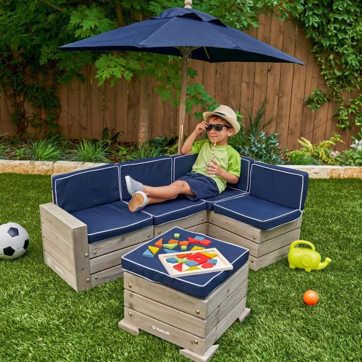 Online KidKraft Outdoor Sectional, Ottoman & Umbrella Set - Barnwood Gray & Navy