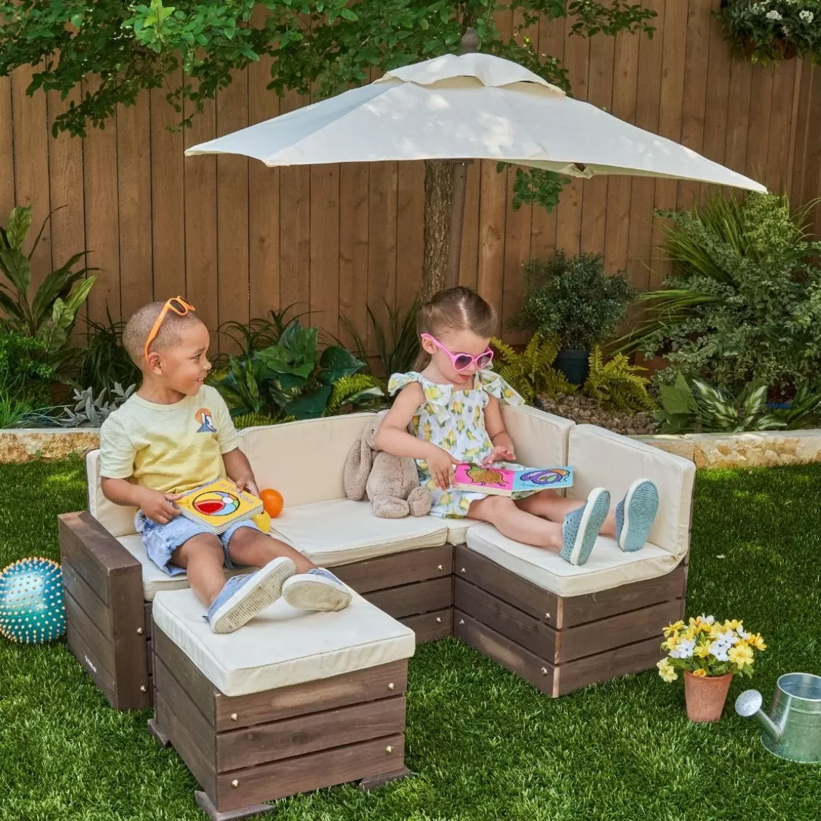 Shop KidKraft Outdoor Sectional Ottoman & Umbrella Set- Bear Brown & Beige