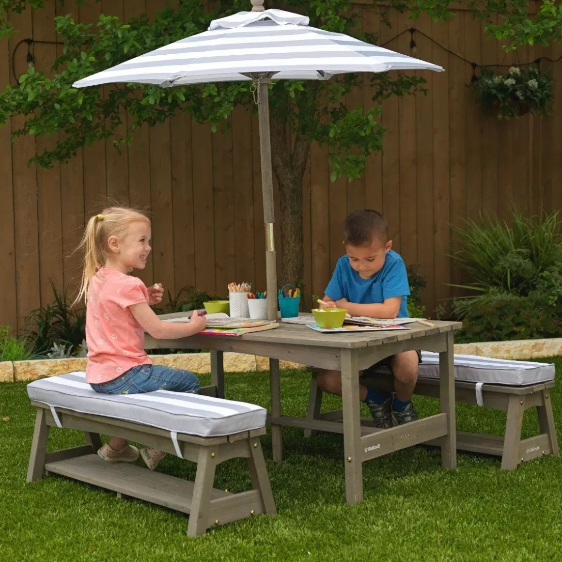 Store KidKraft Outdoor Table & Bench Set With Cushions & Umbrella - Gray & White Stripes