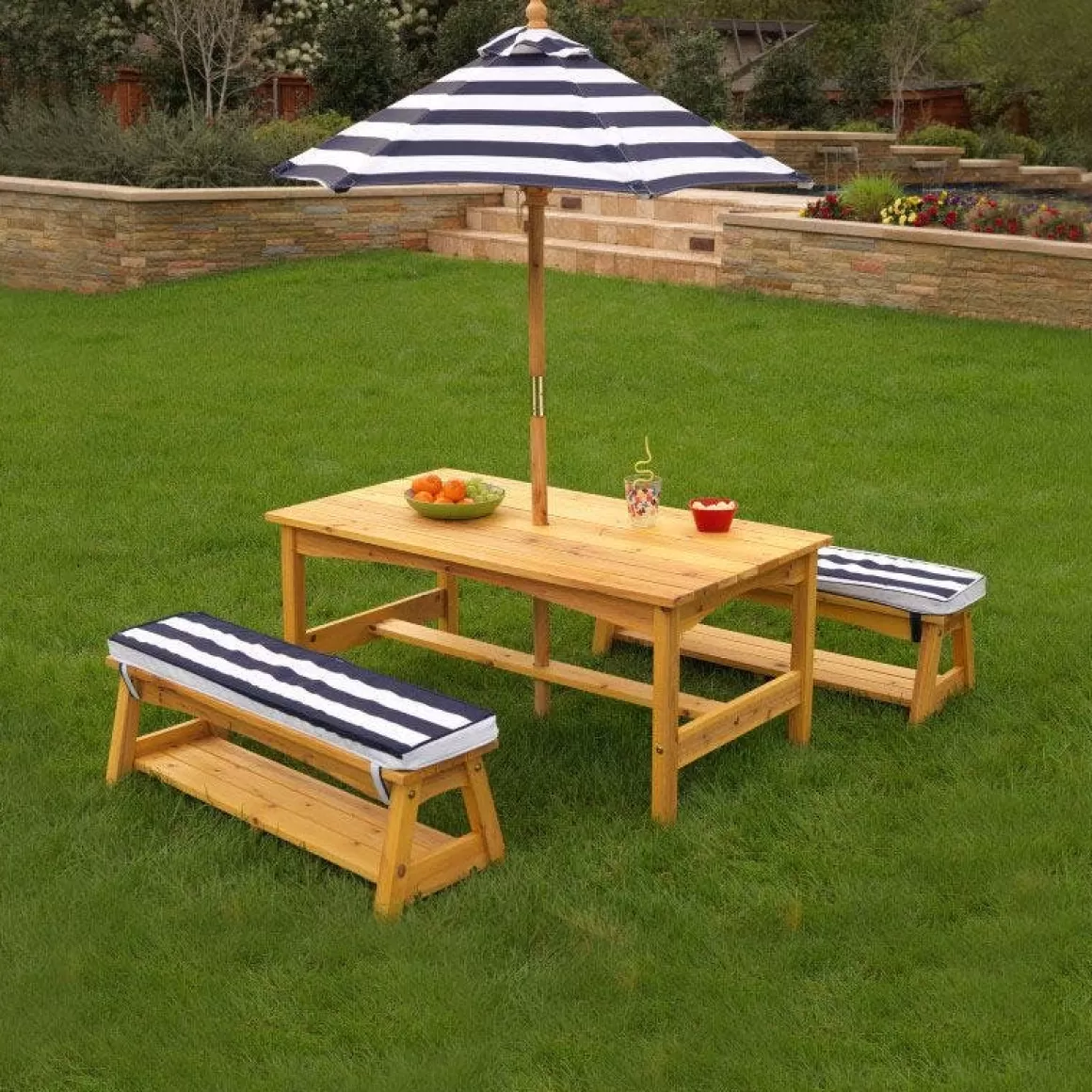 Flash Sale KidKraft Outdoor Table & Bench Set With Cushions & Umbrella - Navy & White Stripes