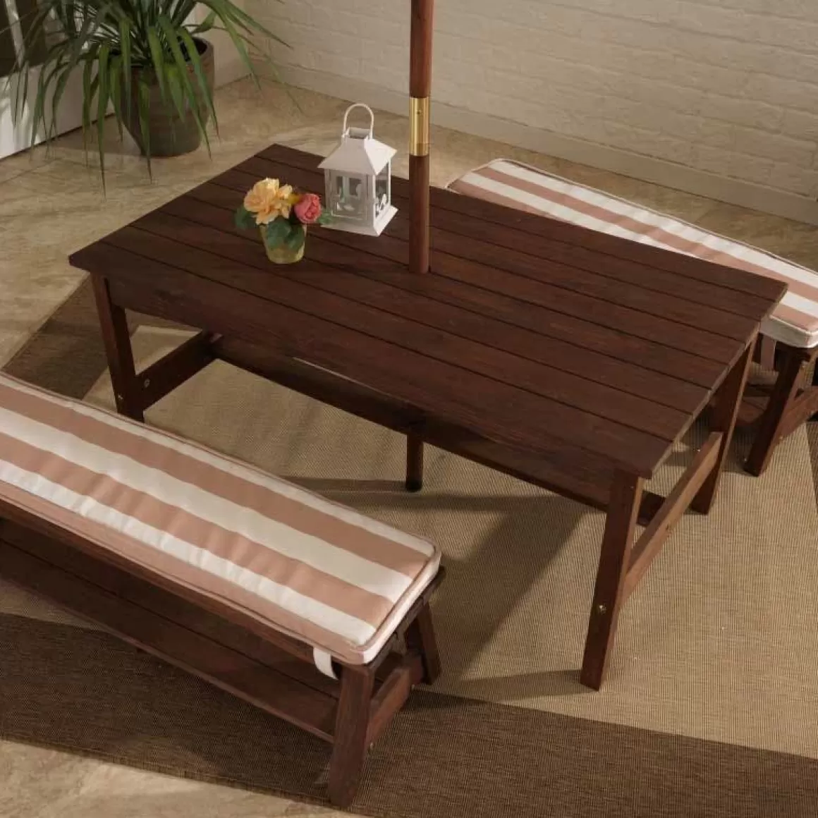 Flash Sale KidKraft Outdoor Table & Bench Set With Cushions & Umbrella - Oatmeal & White Stripes