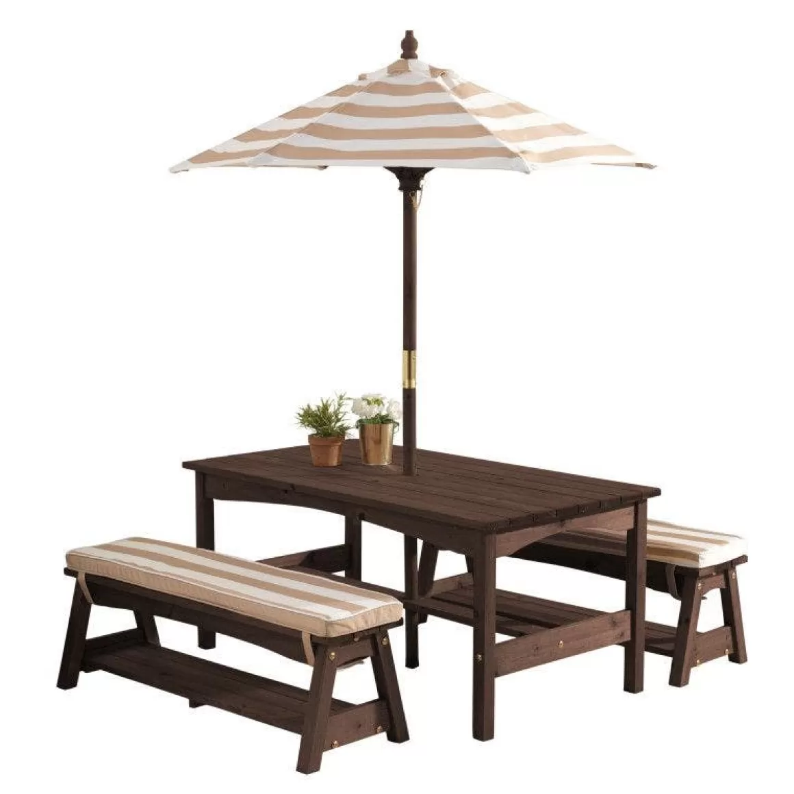 Flash Sale KidKraft Outdoor Table & Bench Set With Cushions & Umbrella - Oatmeal & White Stripes
