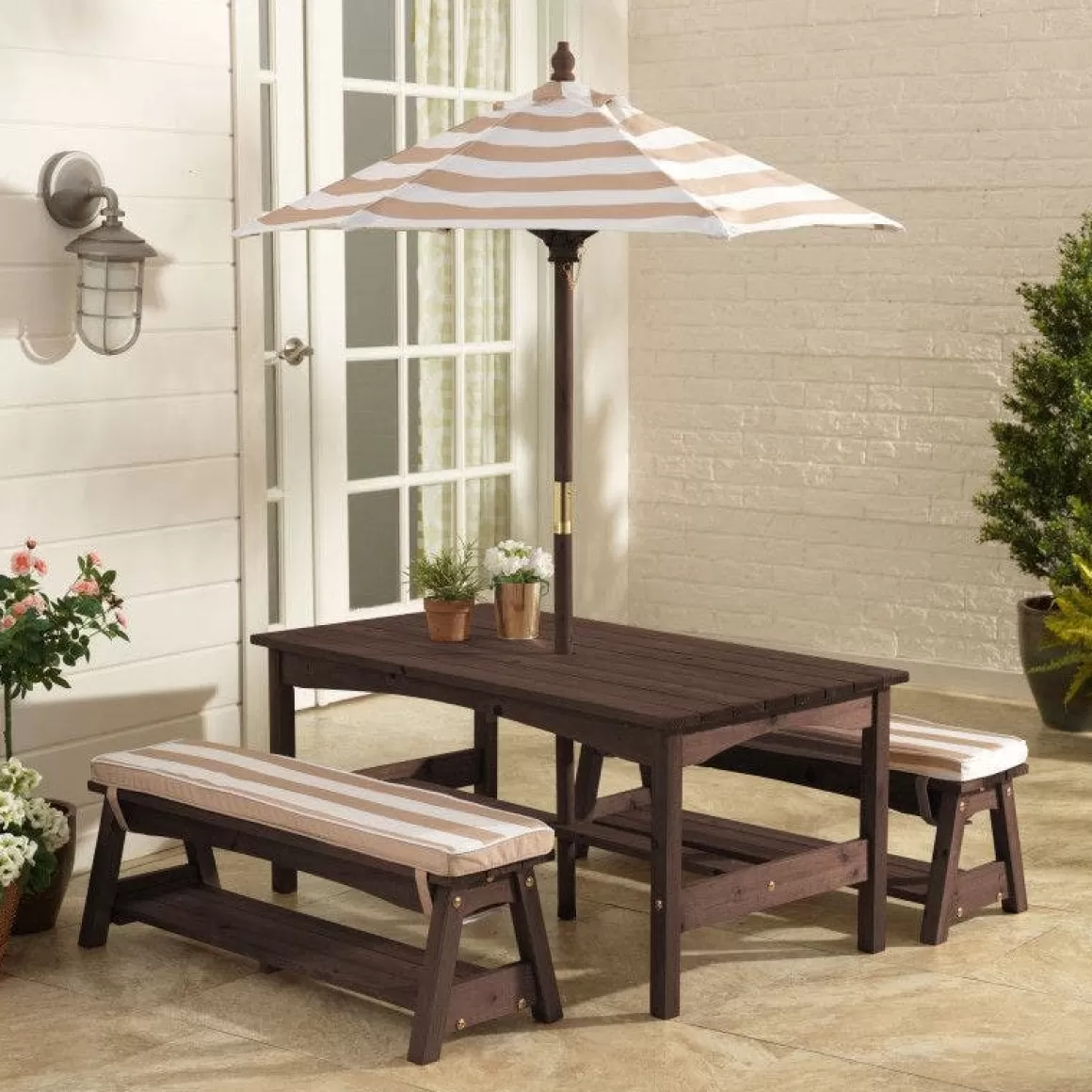 Flash Sale KidKraft Outdoor Table & Bench Set With Cushions & Umbrella - Oatmeal & White Stripes