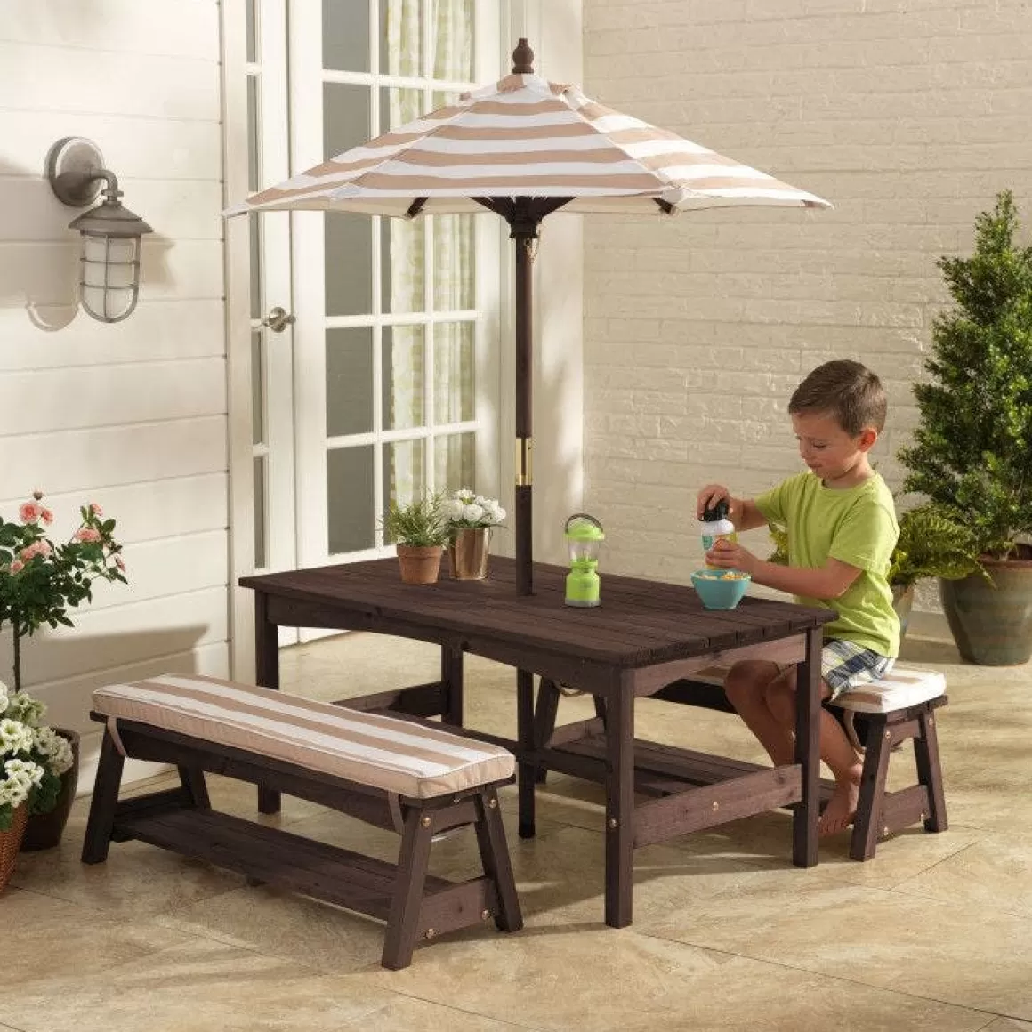 Flash Sale KidKraft Outdoor Table & Bench Set With Cushions & Umbrella - Oatmeal & White Stripes