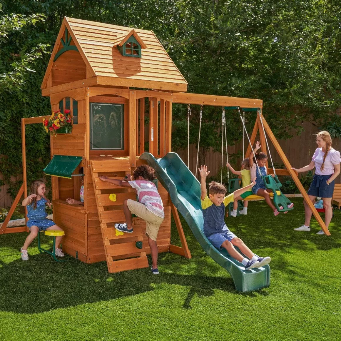 Hot KidKraft Ridgeview Deluxe Clubhouse Wooden Swing Set / Playset