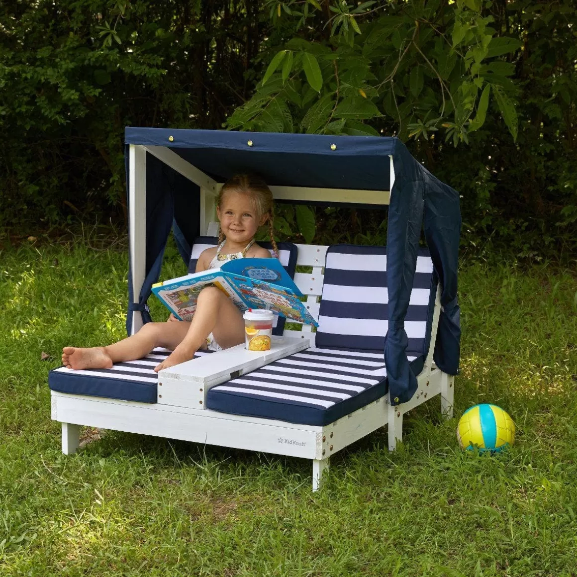 Store KidKraft White Double Chaise Lounge With Cup Holders – Navy & White Stripes